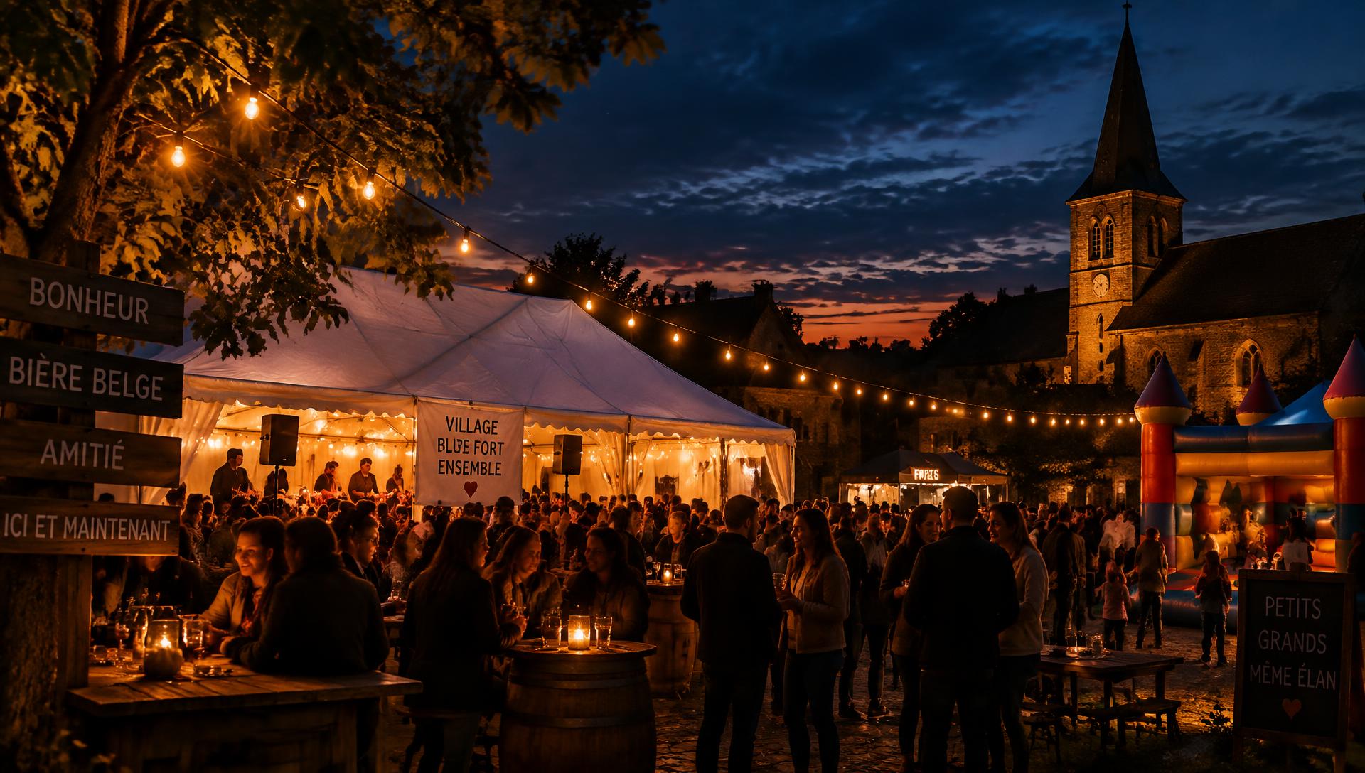 Fête de village sous chapiteau à la tombée du jour